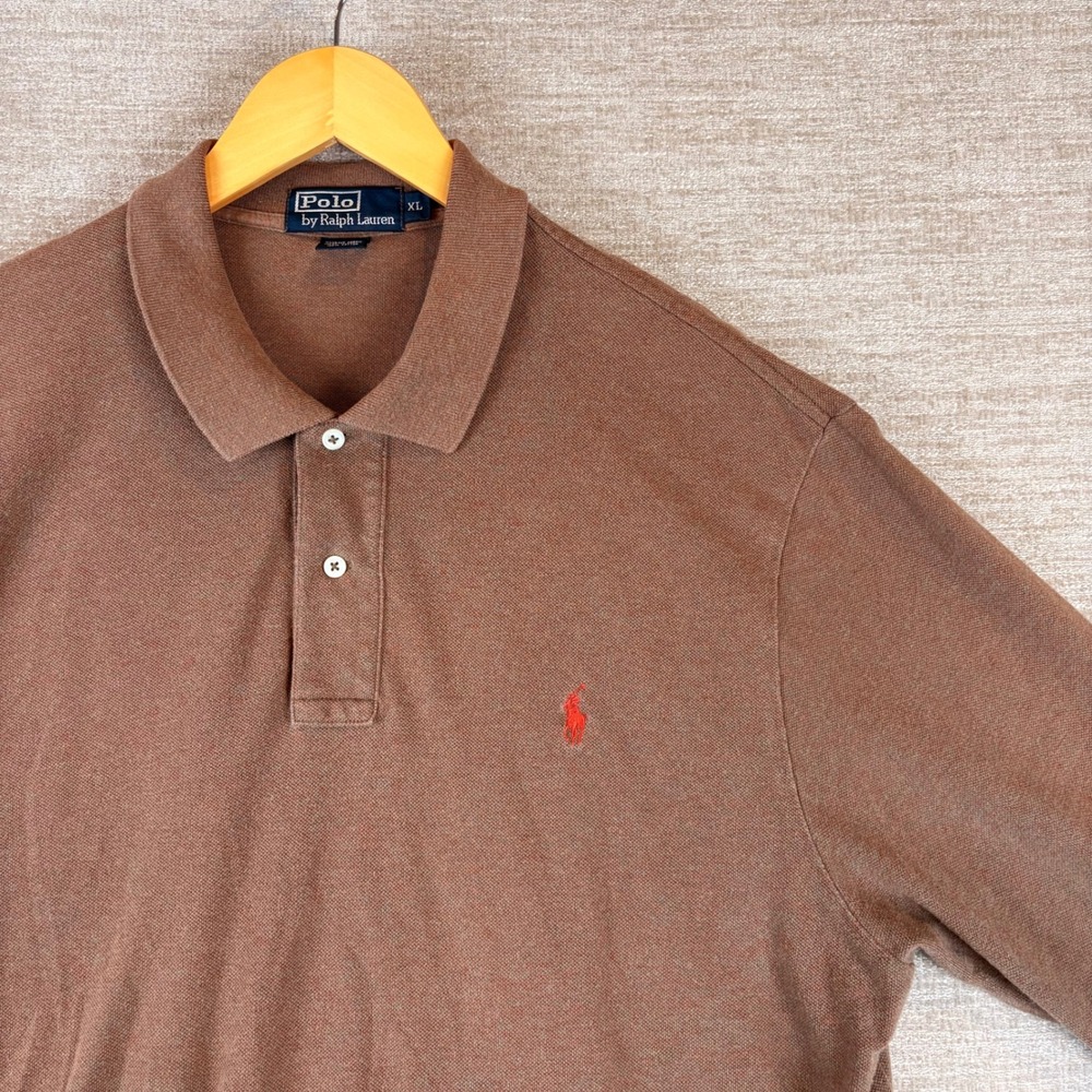 VTG Polo Ralph Lauren Long Sleeve Polo Brown Heathered Pony Logo Men XL Made USA